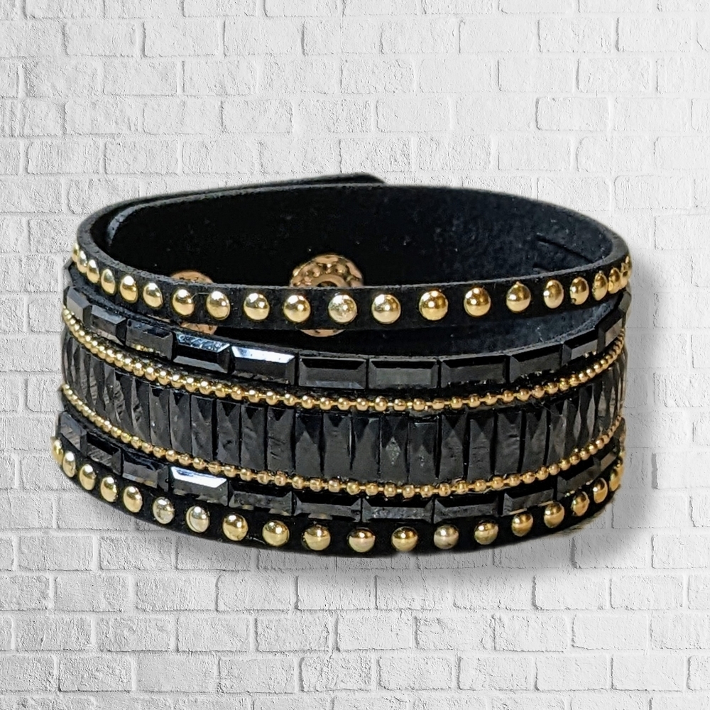 A3 Black Gold Rhinestone Crystal Wrap Cuff Bracelet Sz M-L Adjustable NEW A3